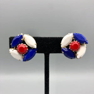 Blue, Red, & White Milk Glass Earrings, 1" Clips