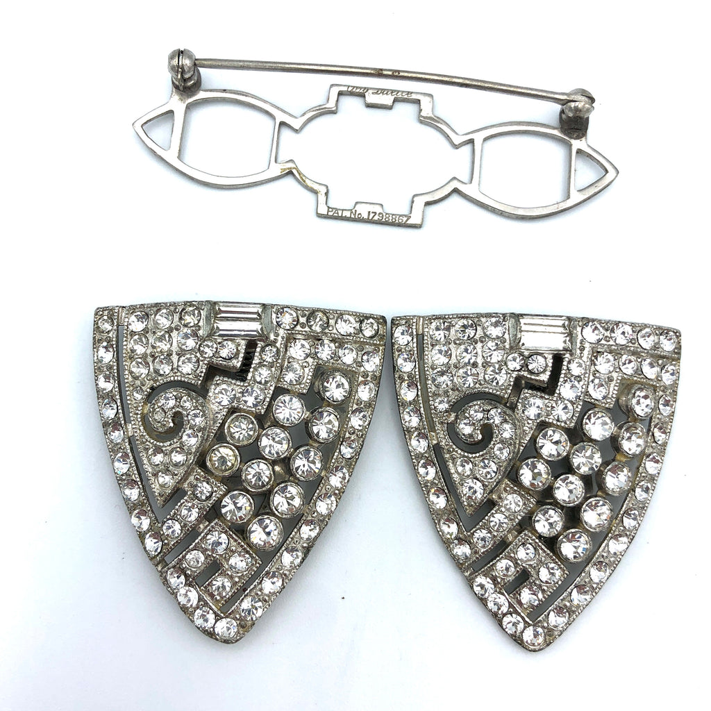 30's Art Deco Rhinestone Duette. Pin or Dress selling Clips