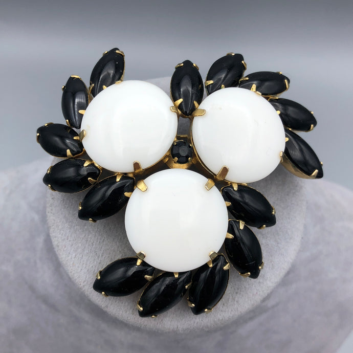 Large Milk Glass Brooch with Black Navettes, 2.75