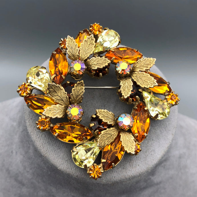 Vintage Topaz and Jonquil Brooch with Gold Tone Leaves, 2 3/8