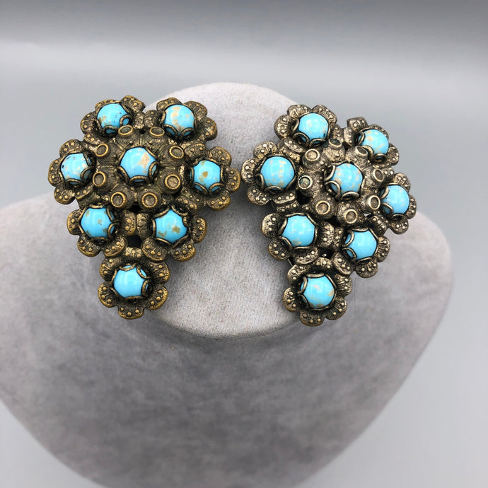 Turquoise Matrix Glass Dress Clips, Gold Tone or Silver Tone, 2