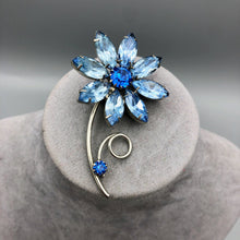 Vintage Rhinestone Flower Brooch, Two Tone Sapphire Blue, 2.5" x 1.5"