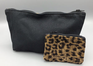 Two Tone Zippered Pouch Set of 2, Leopard Corduroy and Black Canvas
