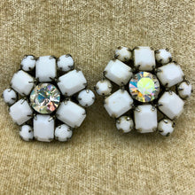 Vintage Signed Weiss Rhinestone and Milk Glass Earrings, Aurora Borealis, Restored