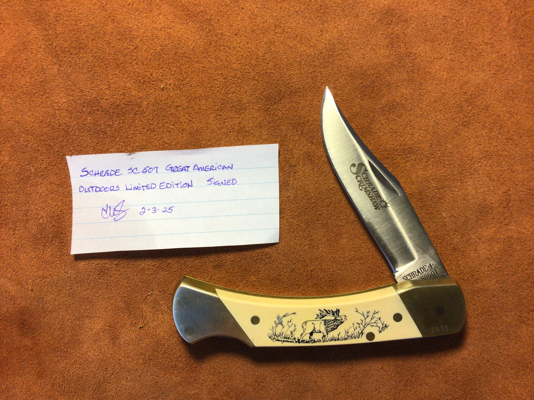 Vintage Schrade SC 507 Great Outdoors Limited Edition Scrimshaw