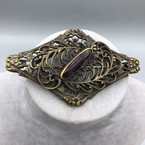 Diamond Shaped Victorian Sash Brooch, Brass with Purple Glass Stone, 2 7/8" x 1.75"