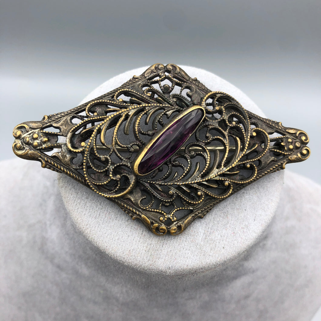 Diamond Shaped Victorian Sash Brooch, Brass with Purple Glass Stone, 2 7/8