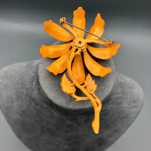 Signed Hedy Orange Enamel Flower Brooch with Stem, 3.5" x 2.25"