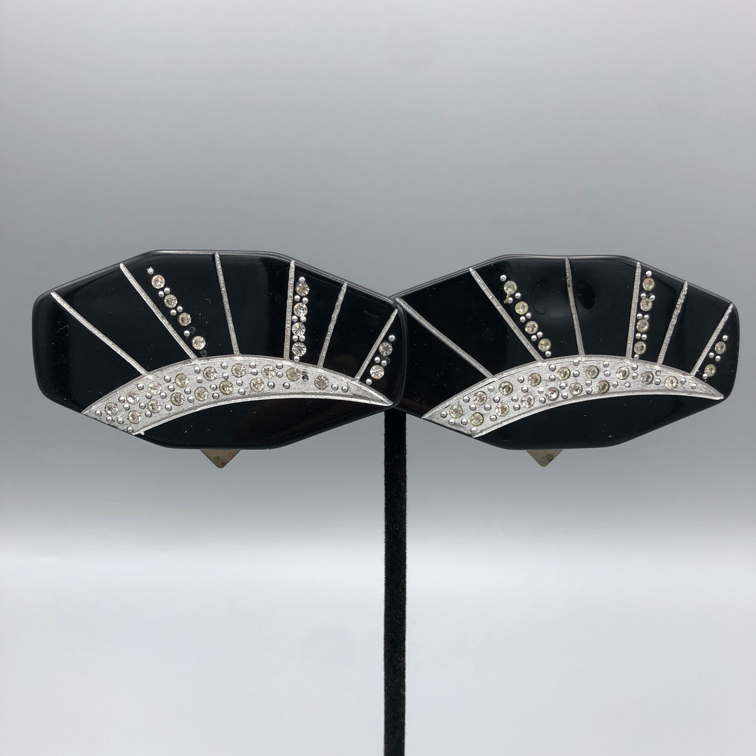 Pair of Early Plastic Dress Clips, Art Deco with Rhinestones, 2.75