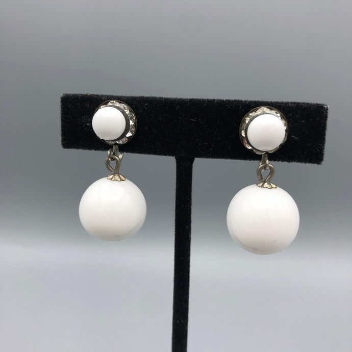 Milk Glass and Rhinestone Drop Earrings, Screw Backs, Japan