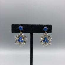 Blue Rhinestone Dangle Earrings, 1.25" x .75" SIlver Filligree
