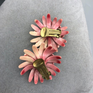Creamy Pink Hard Plastic Flower Earrings, 1.75" with Rhinestones