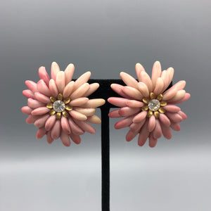 Creamy Pink Hard Plastic Flower Earrings, 1.75" with Rhinestones