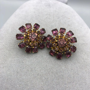 Purple Emerald Cut Rhinestone Fan Clip Earrings, 1.25", Gold Tone