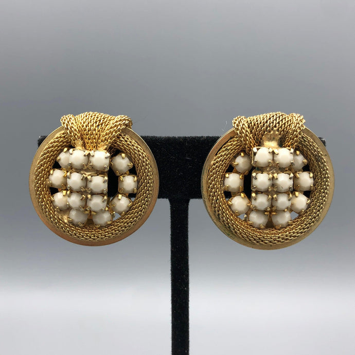 Milk Glass and Mesh Clip Earrings, Gold Tone, 1 1/8