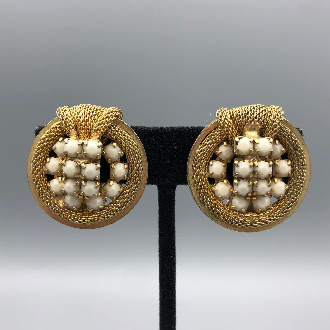 Milk Glass and Mesh Clip Earrings, Gold Tone, 1 1/8
