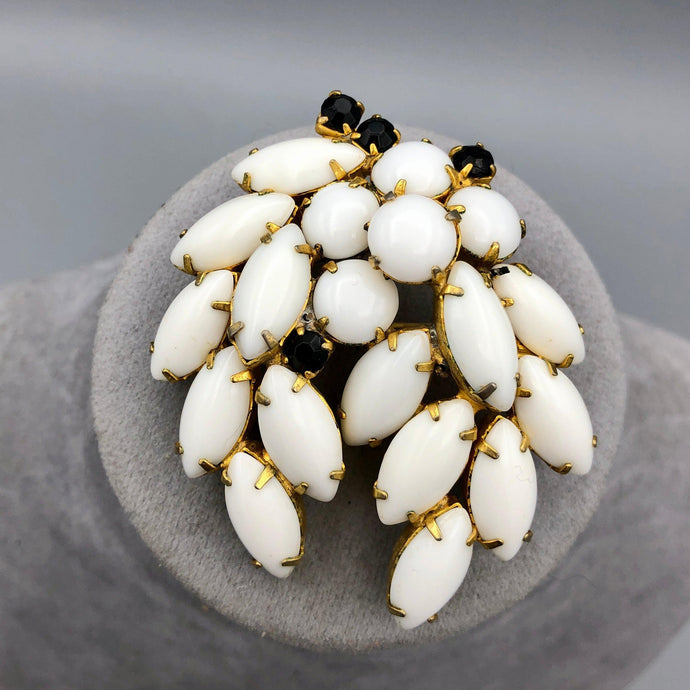 Large Milk Glass Brooch with Black Accents, Gold Tone, 2.25