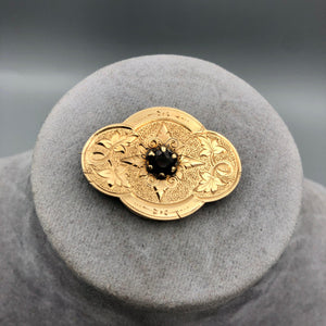 Art Nouveau Engraved Pin/Pendant with Garnet Rhinestone, C Clasp, 1 3/8" x 1"
