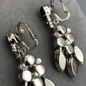 Eisenberg Dangle Earrings, Emerald and Clear Rhinestones, 2" x .75" Clips