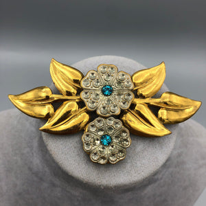 Large Floral Brooch with Blue Zircon Rhinestones 3 3/8" x 2"