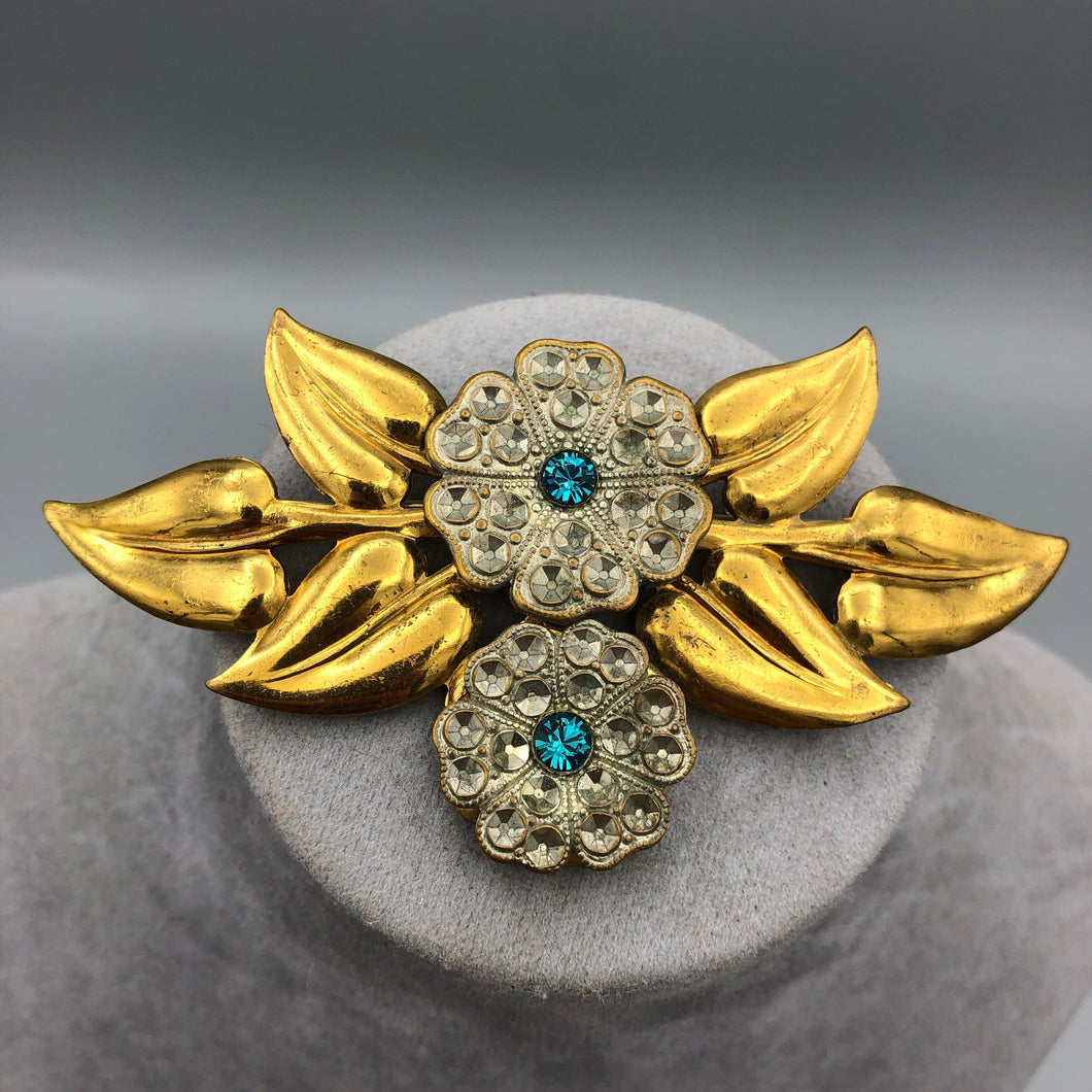 Large Floral Brooch with Blue Zircon Rhinestones 3 3/8