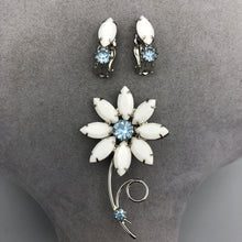 Milk Glass & Pale Blue Rhinestone Flower Brooch & Earrings Set