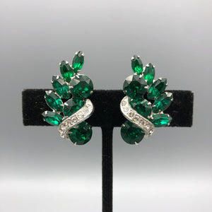 Emerald Green Eisenberg Earrings with clear Rhinestone Icing 1.5" x .75" Clips