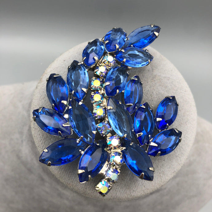Sapphire Blue Stylized Leaf Brooch with Open Back Navettes and AB Accents, 2.5