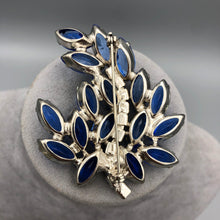 Sapphire Blue Stylized Leaf Brooch with Open Back Navettes and AB Accents, 2.5" x 2"