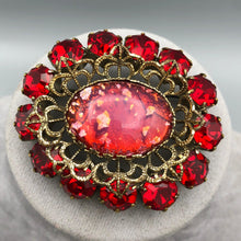 Glass Opal and Siam Ruby Red Rhinestone Brooch, 2" x 1.75"