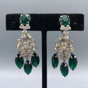 Eisenberg Dangle Earrings, Emerald and Clear Rhinestones, 2" x .75" Clips