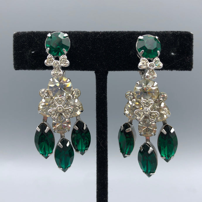 Eisenberg Dangle Earrings, Emerald and Clear Rhinestones, 2