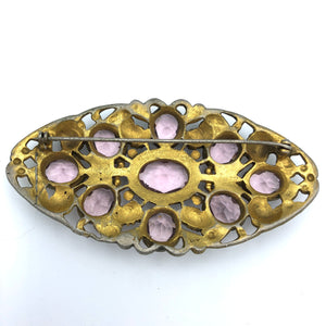 Huge Early Coro Lavender Rhinestone Brooch, Gold Tone Leaves, 3 5/8" x 2"