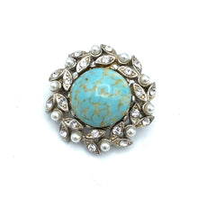 Aqua Art Glass Brooch with Faux Pearls and Tiny Rhinestones, 1 1/8"