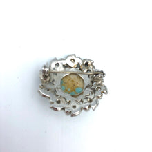 Aqua Art Glass Brooch with Faux Pearls and Tiny Rhinestones, 1 1/8"