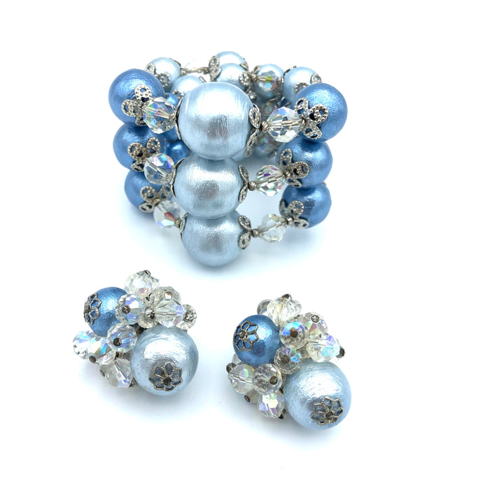 Vendome Pale Blue & AB Beaded Bracelet and Earring Set