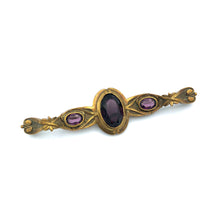 Brass Bar Brooch with Purple Rhinestones, 2.5" x .75"