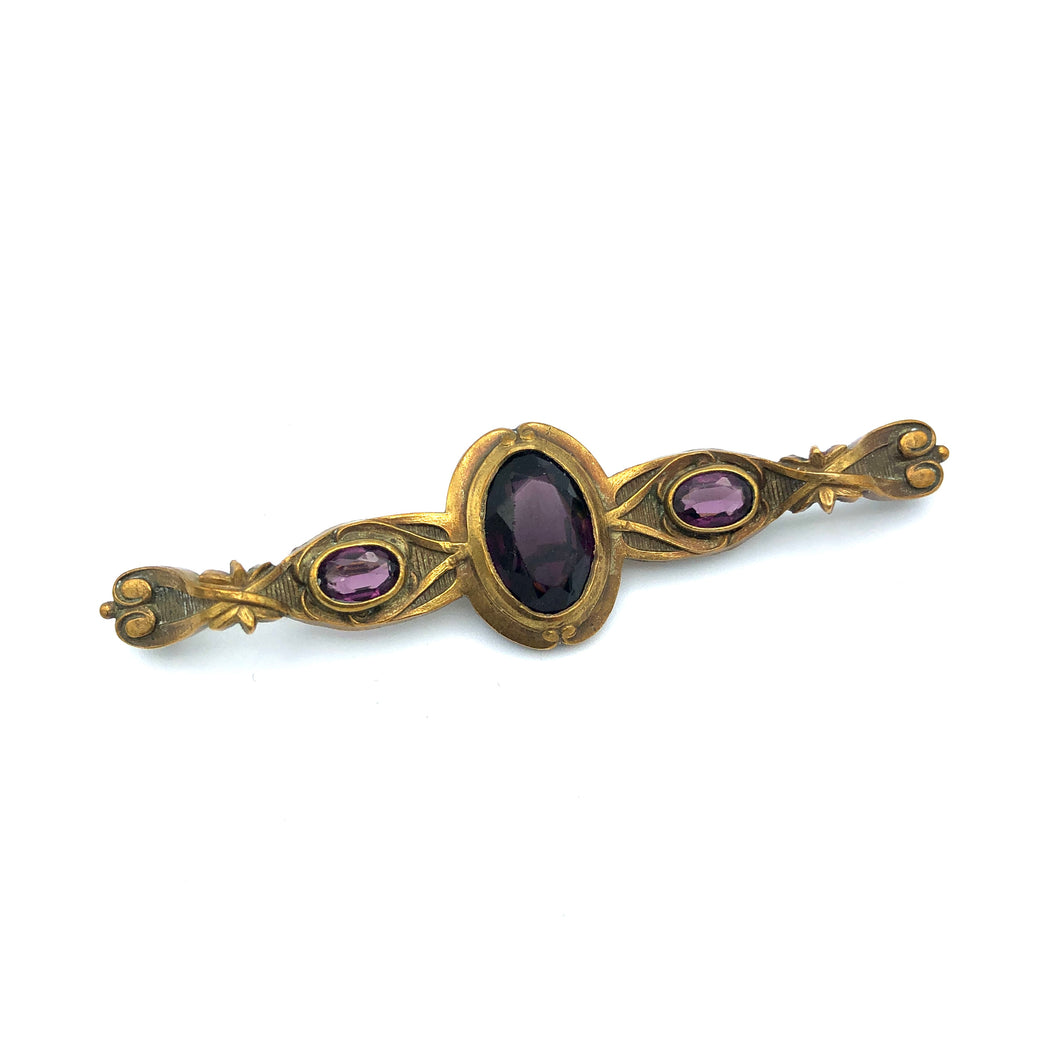 Brass Bar Brooch with Purple Rhinestones, 2.5