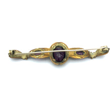 Brass Bar Brooch with Purple Rhinestones, 2.5" x .75"