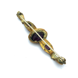 Brass Bar Brooch with Purple Rhinestones, 2.5" x .75"