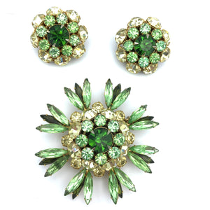 Vintage Judy Lee Peridot and Jonquil Starburst Rhinestone Brooch & Earrings Set