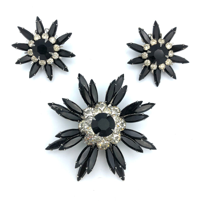 Vintage Judy Lee Black and Clear Starburst Rhinestone Brooch & Earrings Set