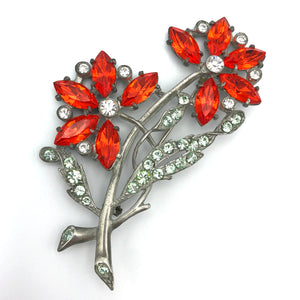Large Pot Metal Flower Brooch with Orange and Green Rhinestones, 3.5" x 2.25", Reborn by Roxy