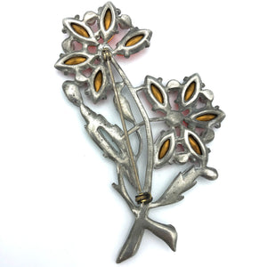 Large Pot Metal Flower Brooch with Orange and Green Rhinestones, 3.5" x 2.25", Reborn by Roxy