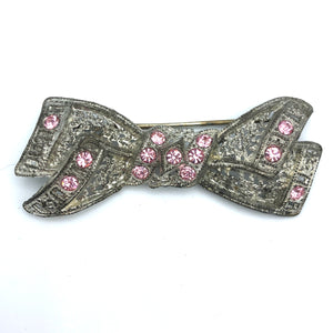 Pot Metal Rhinestone Bow Brooch, Pink with C Clasp, 2.5" x 1", Reborn by Roxy