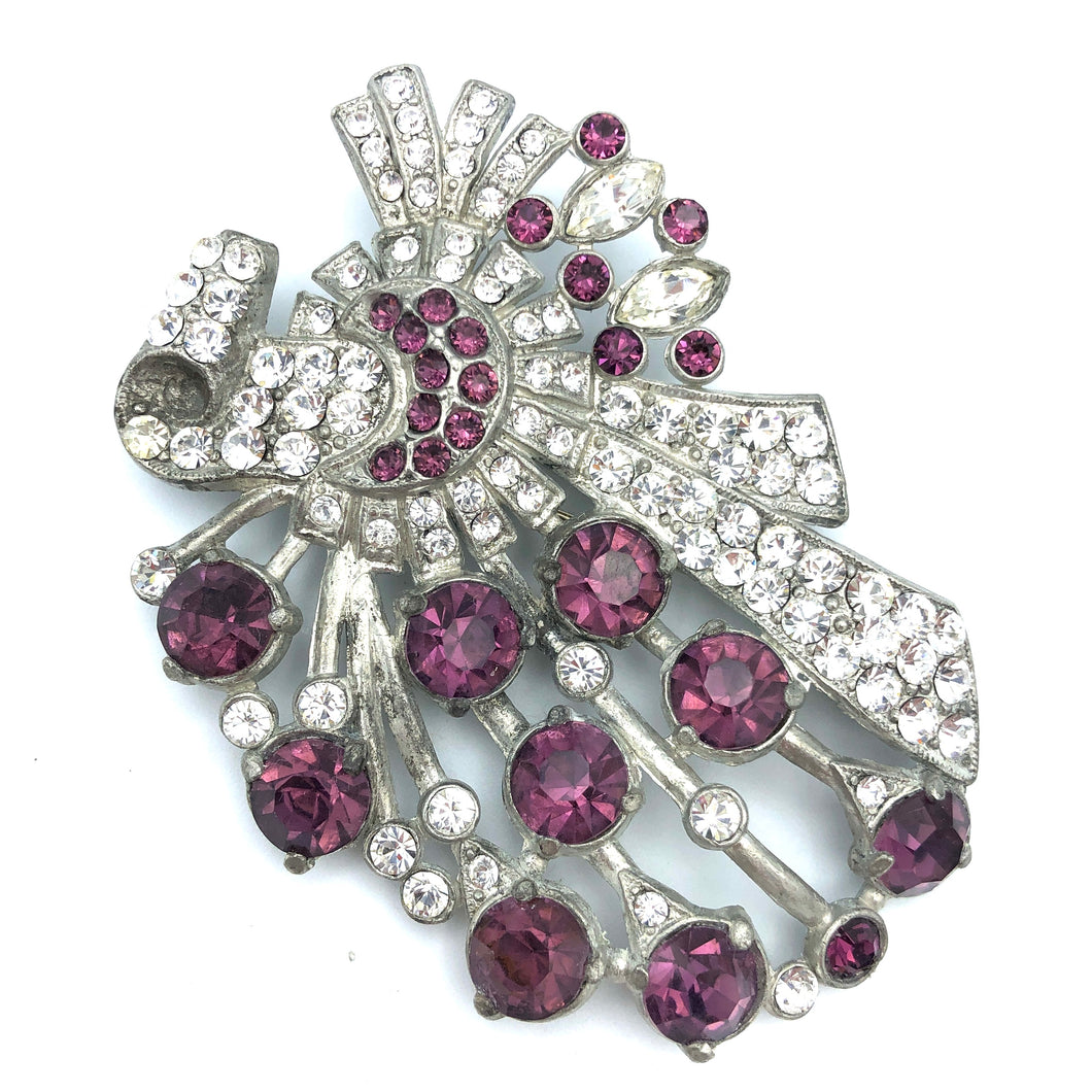 Pot Metal Pave Ribbon Brooch in Amethyst & Clear, 2.75