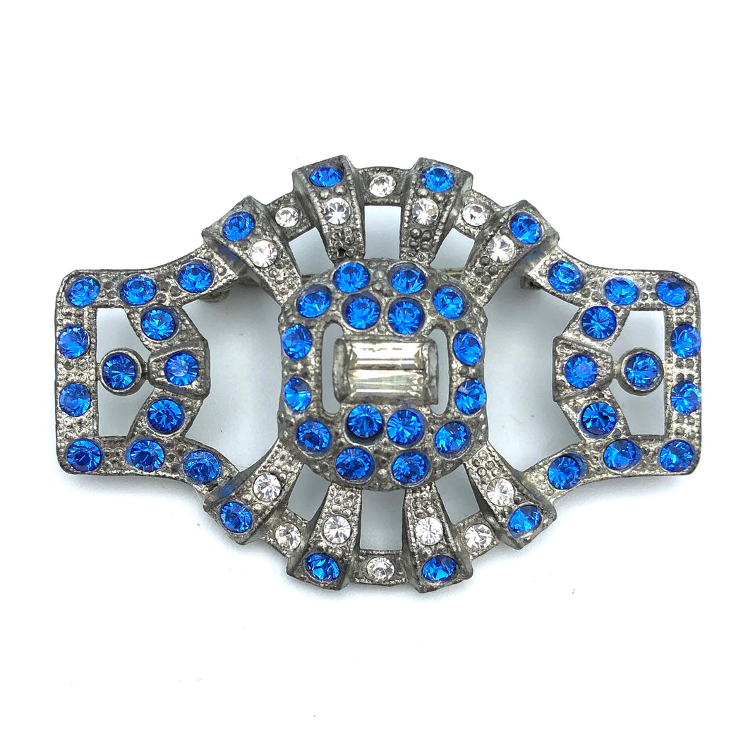 Art Deco Pot Metal Rhinestone Brooch,Sapphire & Clear, 2