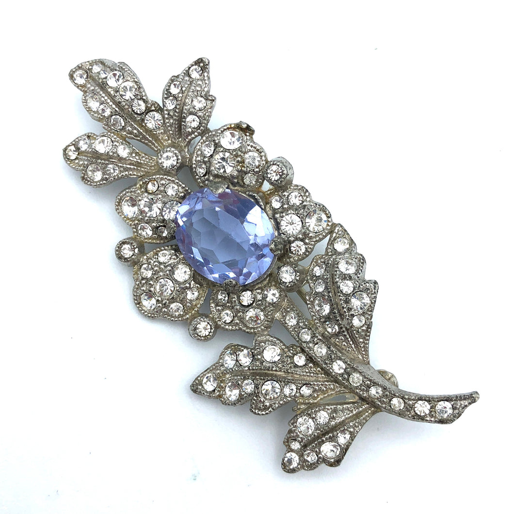 Pot Metal Rhinestone Flower Brooch, Lavender & Clear with C Clasp, 2 3/8