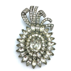 Signed Eisenberg Original Vintage Rhinestone Fur Clip, Pot Metal Flower with Icing 3.25" x 2"