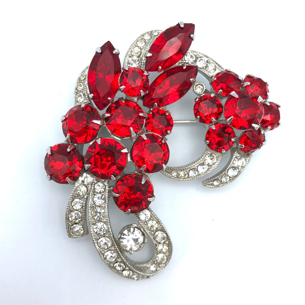 Vintage Signed Eisenberg Light Siam Ruby Red Brooch, 2.25 x 2